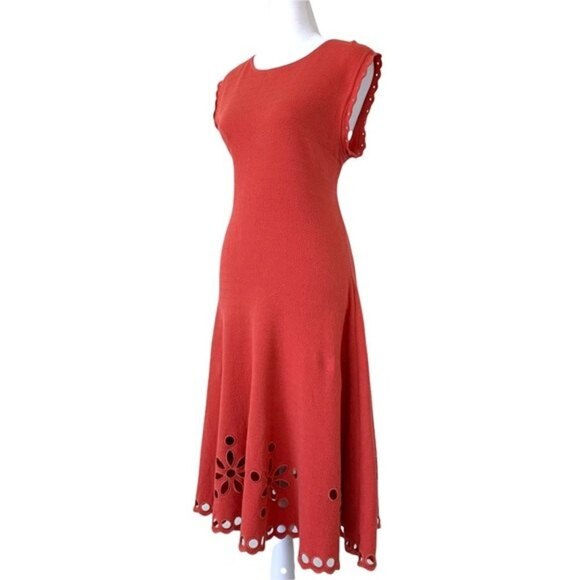 Italian Knit Cotton Blend Cut Out Embroidered Coral Midi Dress - Picture 1 of 9